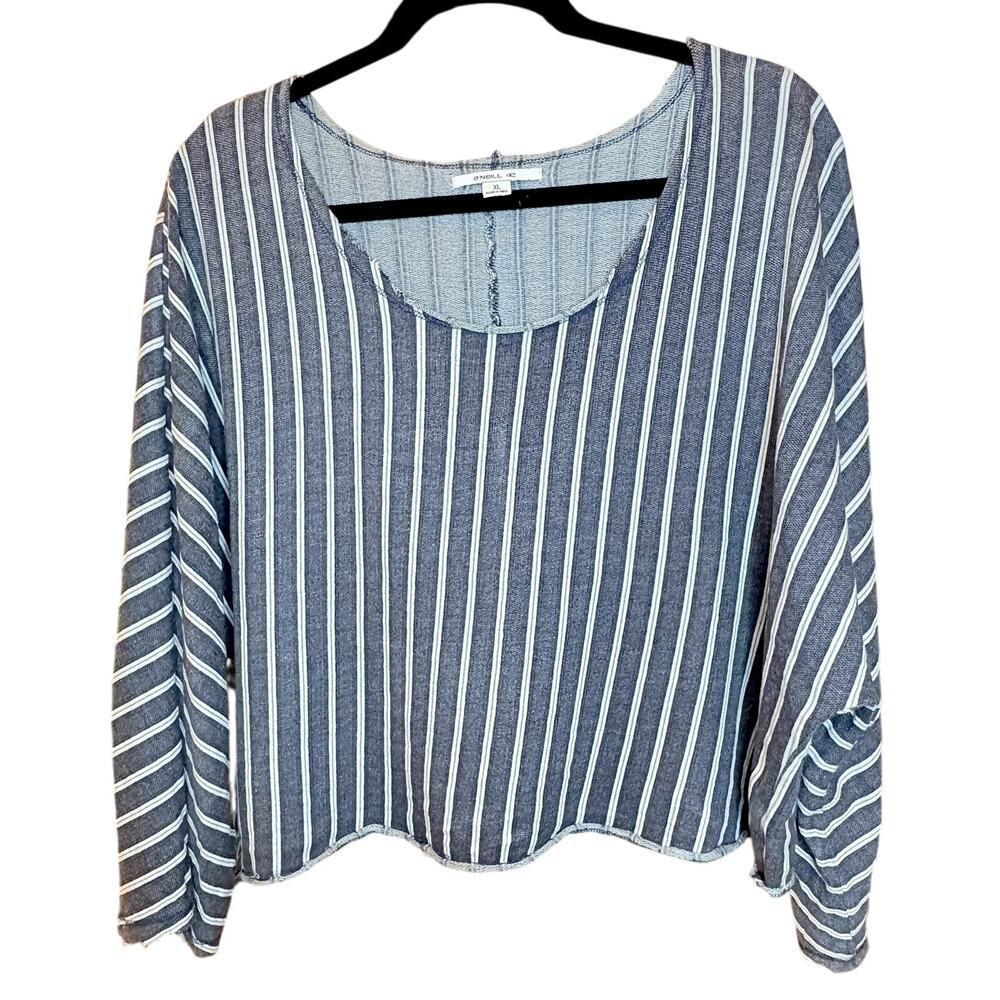 O’Neill Women’s Blue w/ White Stripes Dolman Long Sleeves Sz XL Raw Hem Shirt